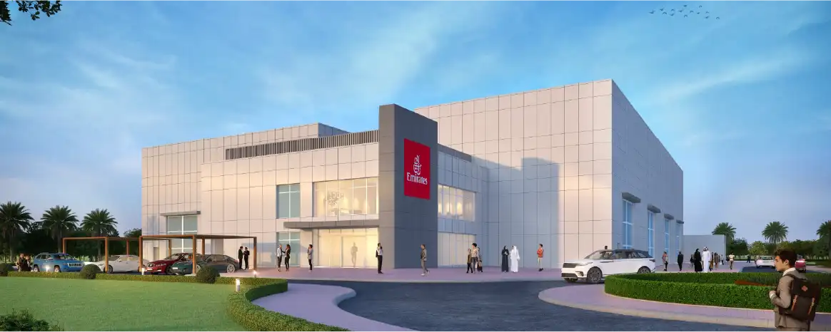 Architectural rendering of the Emirates flight simulator training facility
