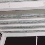 Upward view of steel roof beams and purlins coated with white intumescent fireproofing