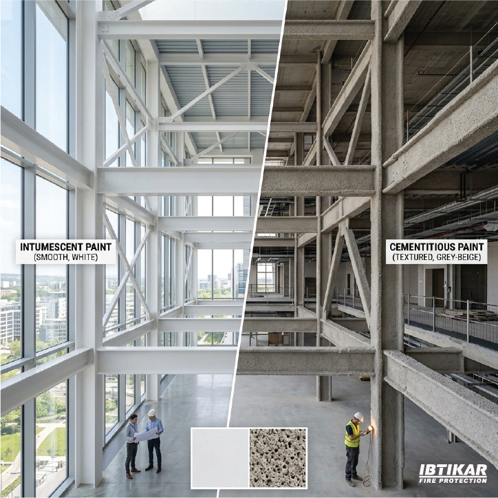 A split comparison image showing the visual difference between smooth white intumescent fireproof paint and thick, textured cementitious fireproofing on a building's steel framework.